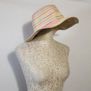 Summer Ladies Sun Beach Paper Straw Neon Stripe Hat Floppy Foldable Med Brim
